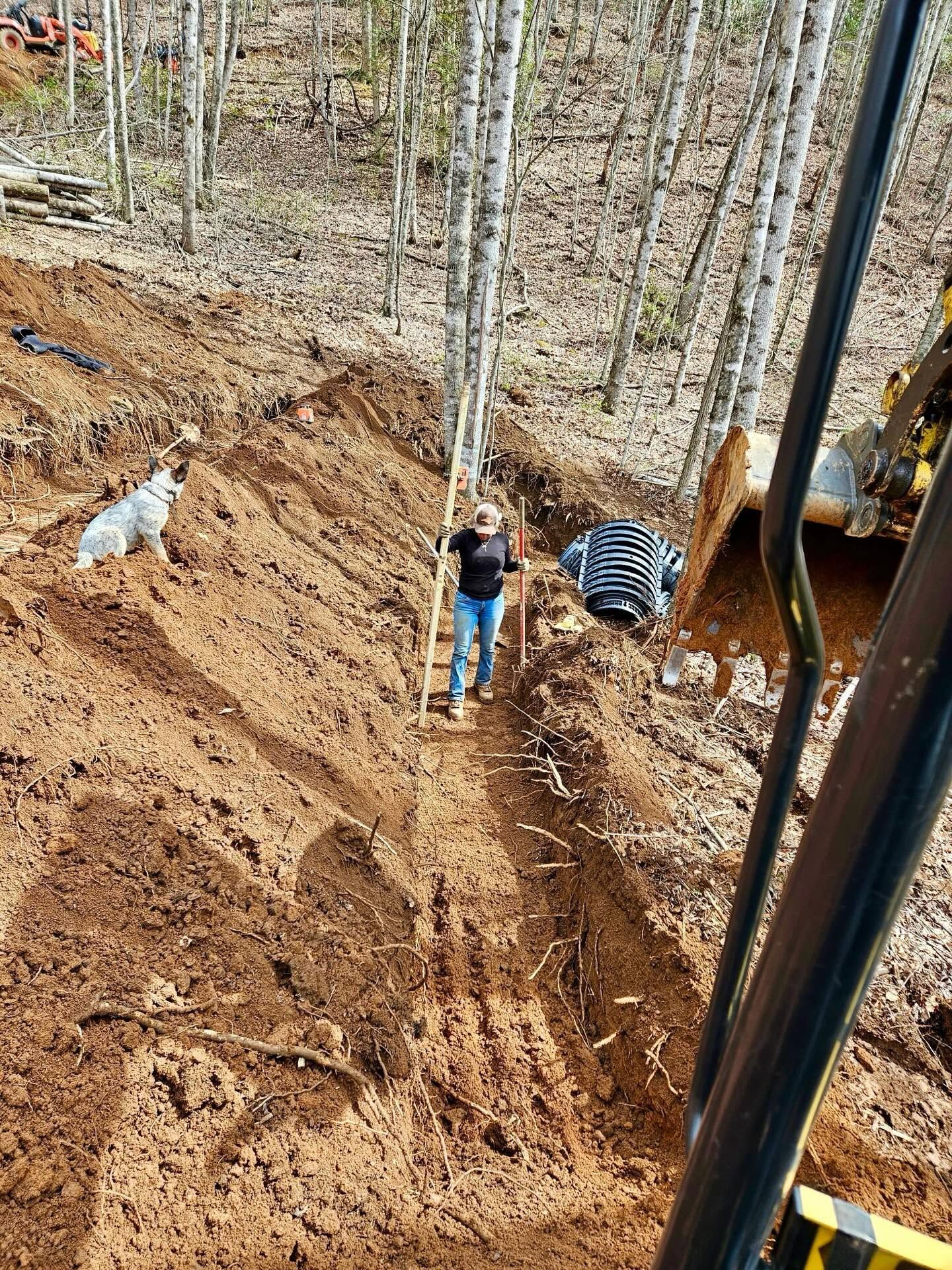 Worker standing in a steep dirt trench beside heavy equipment in a wooded area