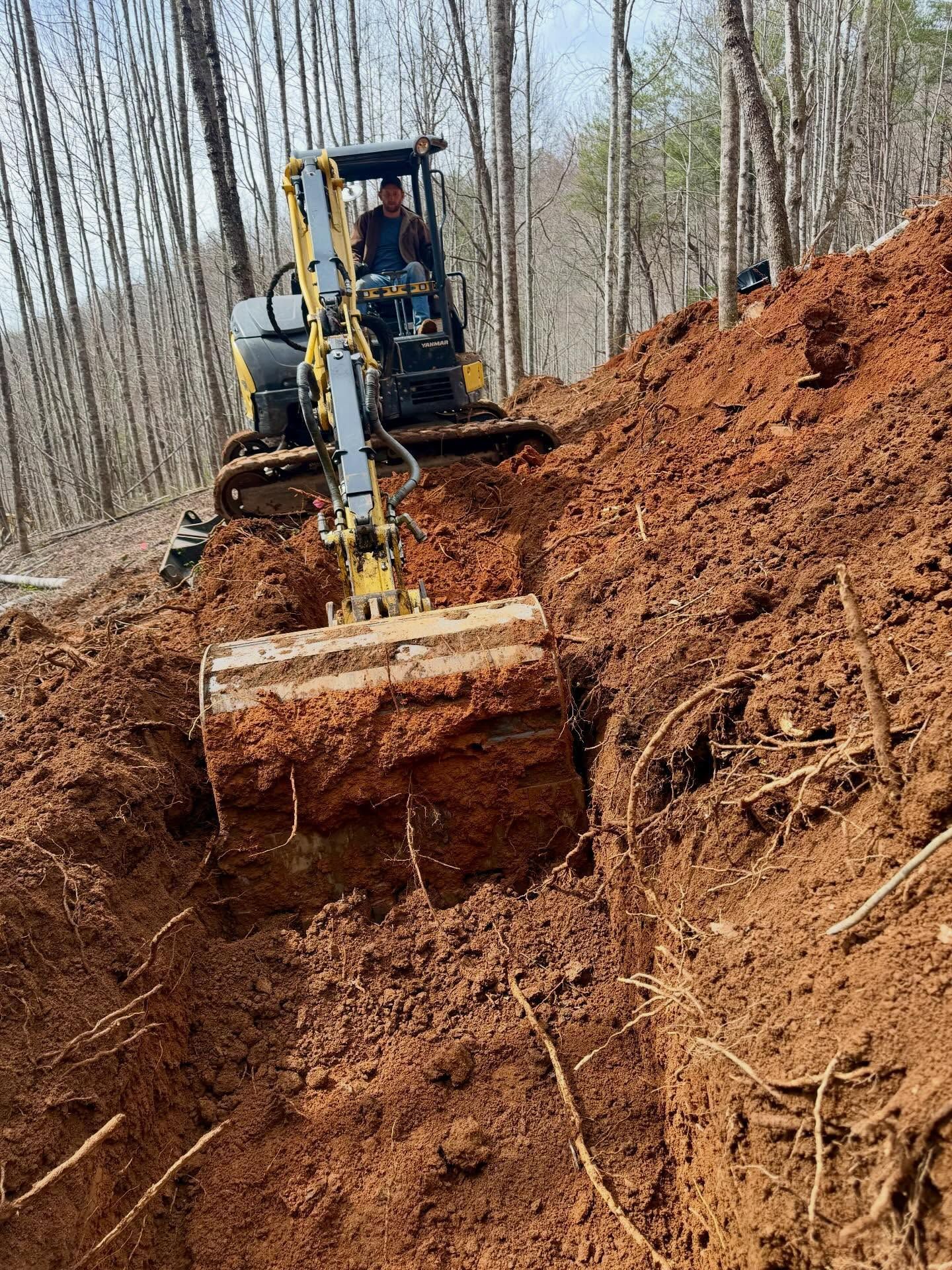 Excavator digging a steep red clay hillside in a leafless forest