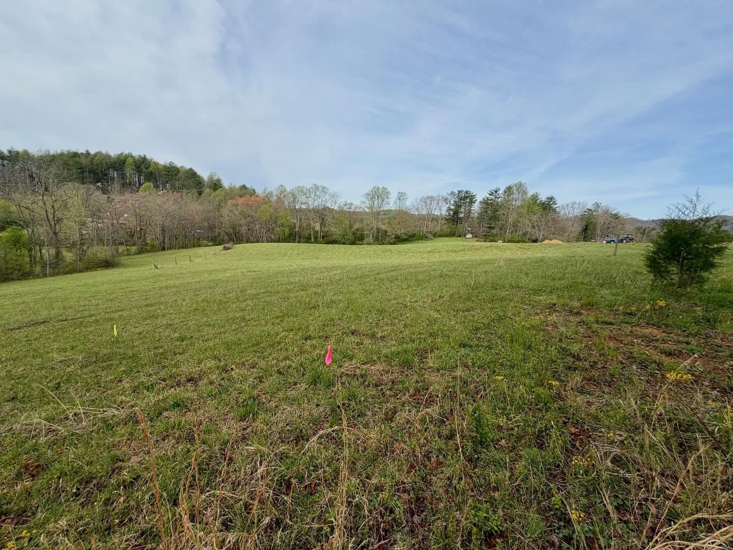 Open grassy field under a blue sky, with trees lining the horizon and a small pink marker in the foreground