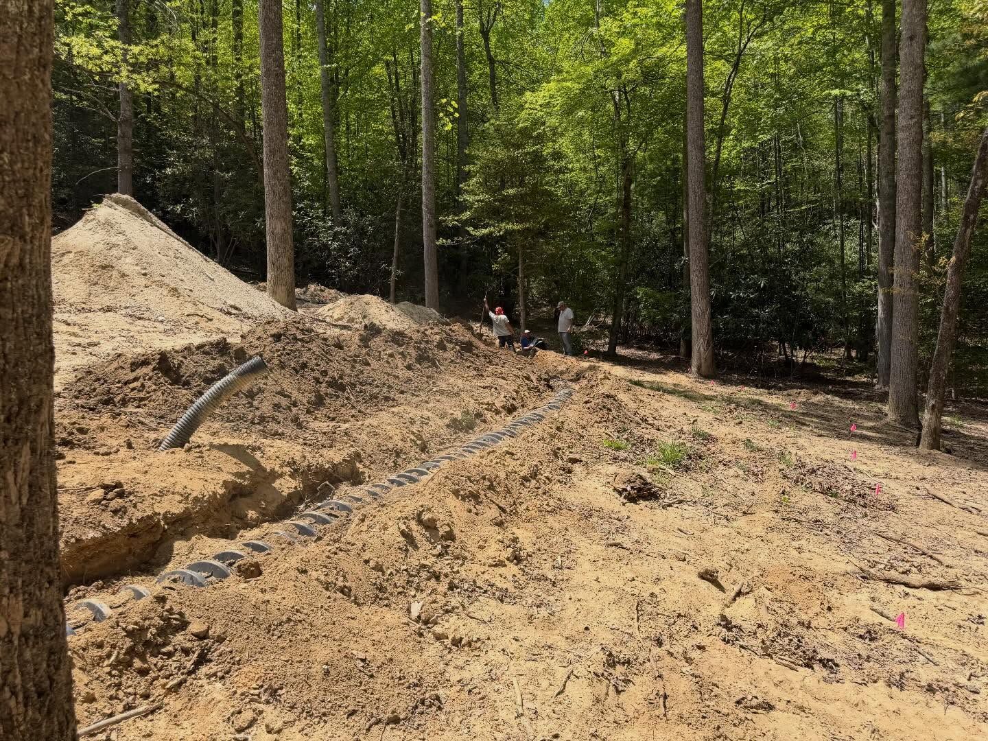Woodchip-covered forest trail with trees and a small excavator in the background