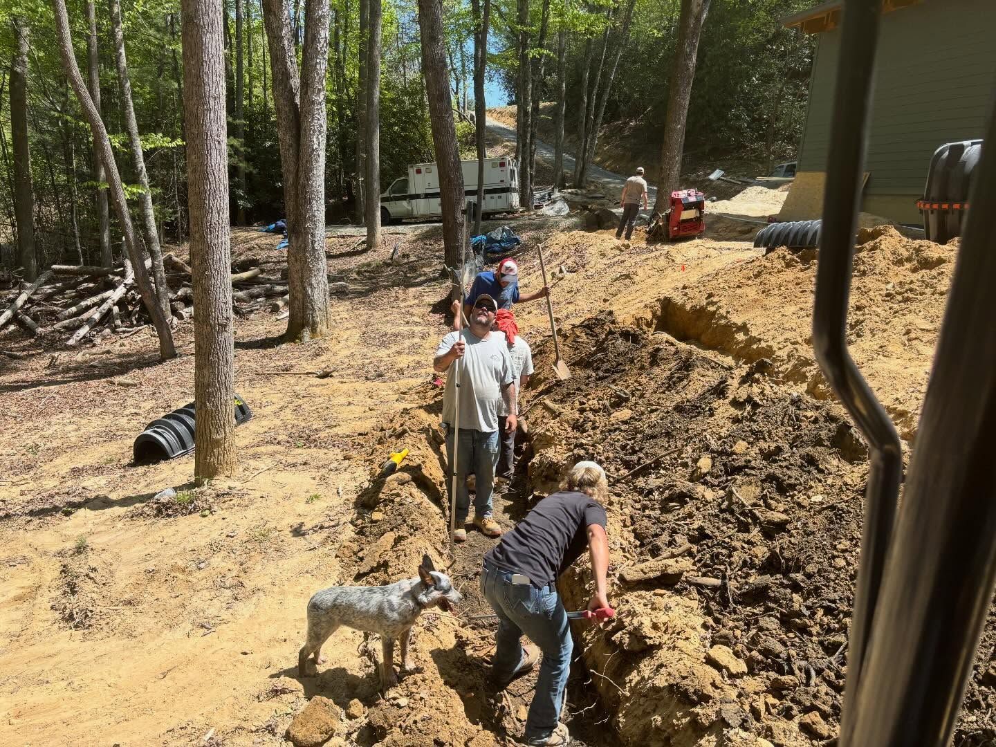 Workers digging a trench along a wooded dirt path, with piles of soil and equipment nearby