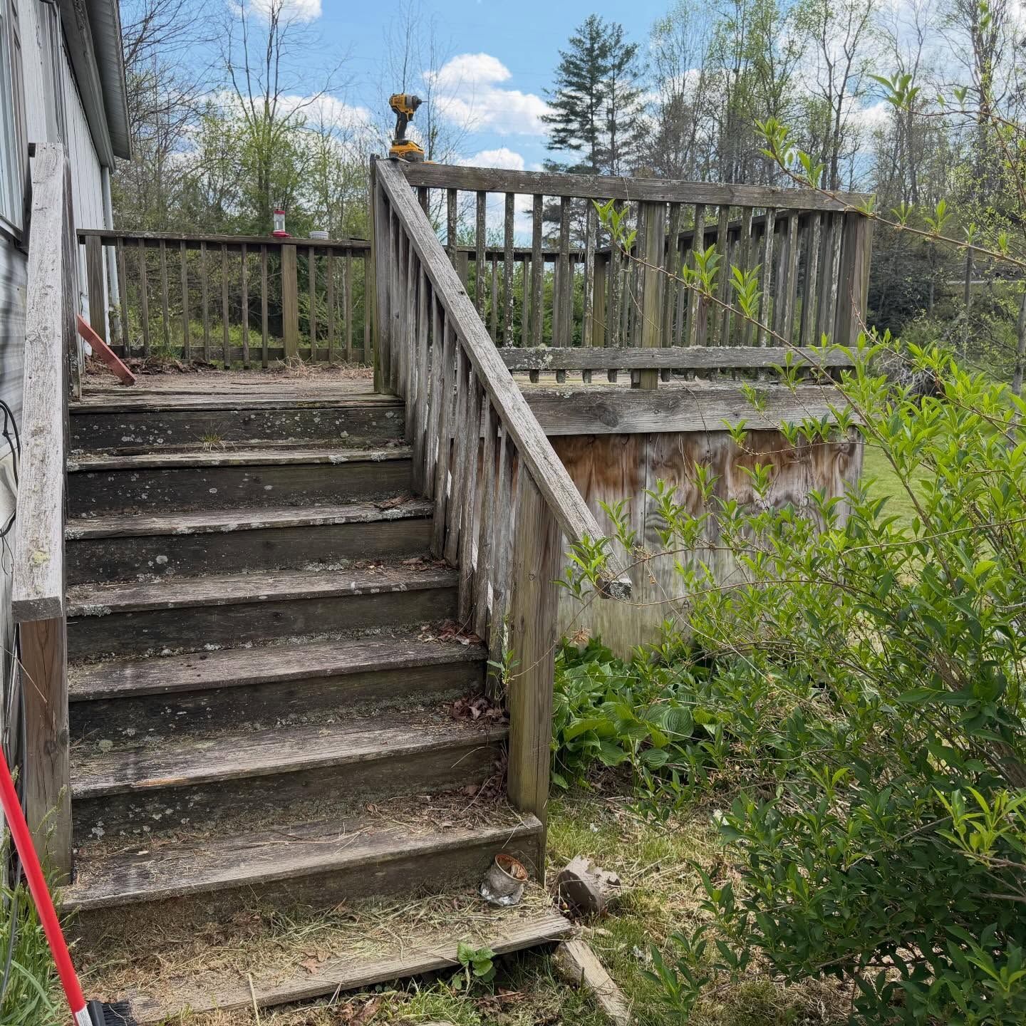 Wooden stairs leading to a deck with railing, surrounded by green shrubs and trees.