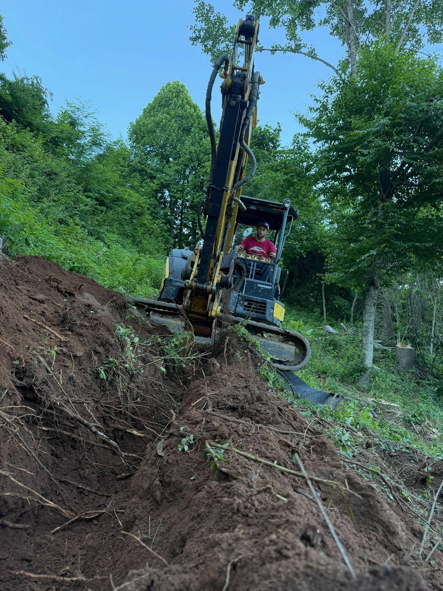 Excavator on a steep dirt slope clearing soil beside green trees and a fenced area