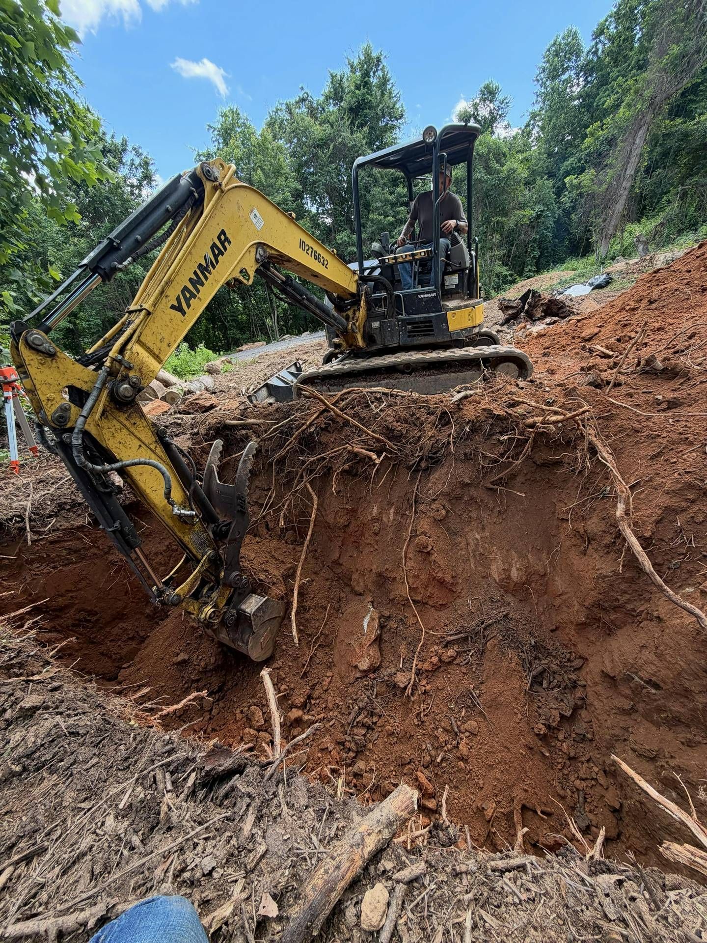 Yellow excavator digging a steep dirt bank in a forest clearing under a blue sky