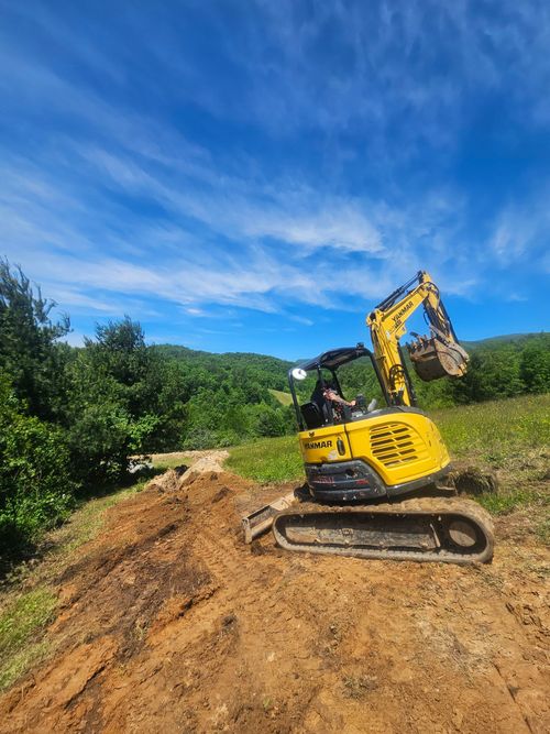 Yellow mini excavator on a dirt mound under a blue sky, with green trees in the background.