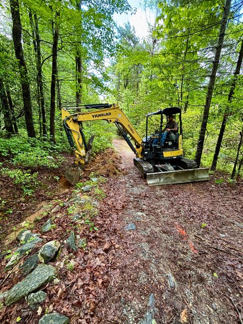 Small excavator clearing a muddy forest trail in a green wooded area