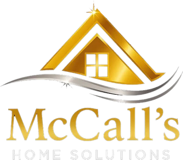 McCall&rsquo;s Home Solutions gold house logo with gray swoosh accents and window icon
