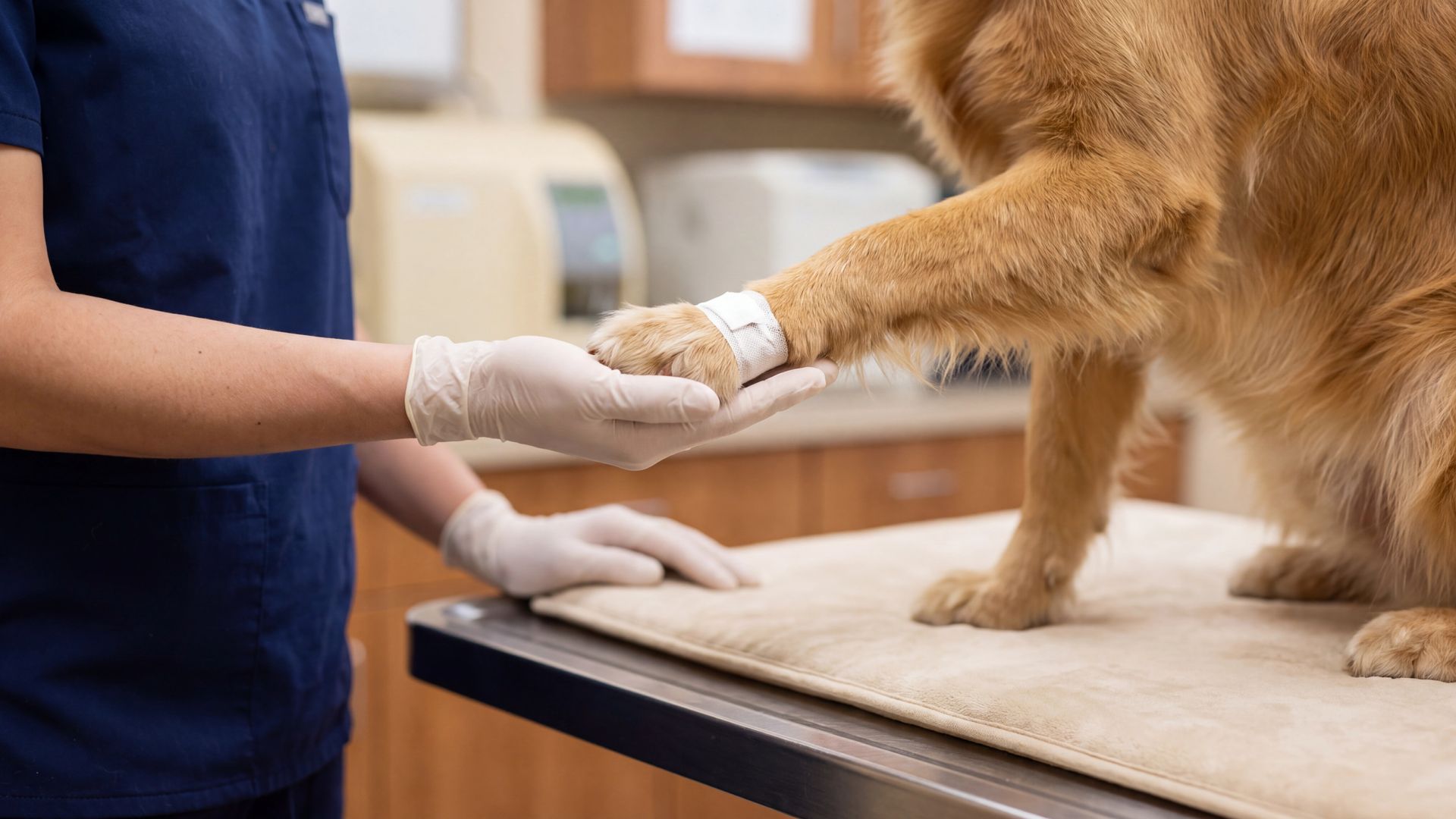 Animal veterinarian high fiving a beagle on exam table