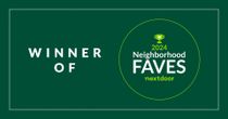 Winner of 2024 Neighborhood Faves from Nextdoor, text on dark green background with gold trophy icon.
