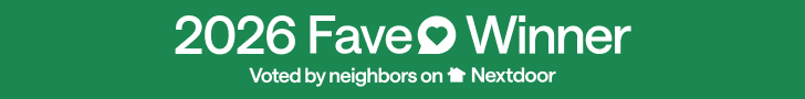 Winner of 2024 Neighborhood Faves from Nextdoor, text on dark green background with gold trophy icon.