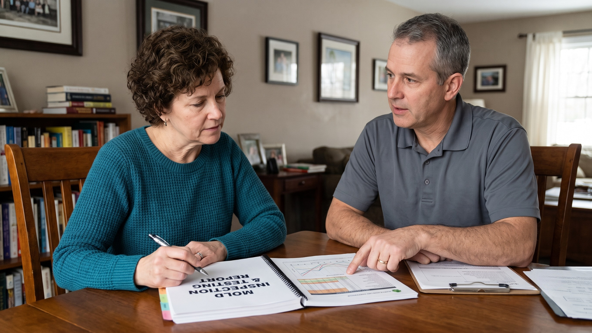 Homeowner reviewing mold testing results with inspector