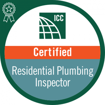 An icc certified residential plumbing inspector badge