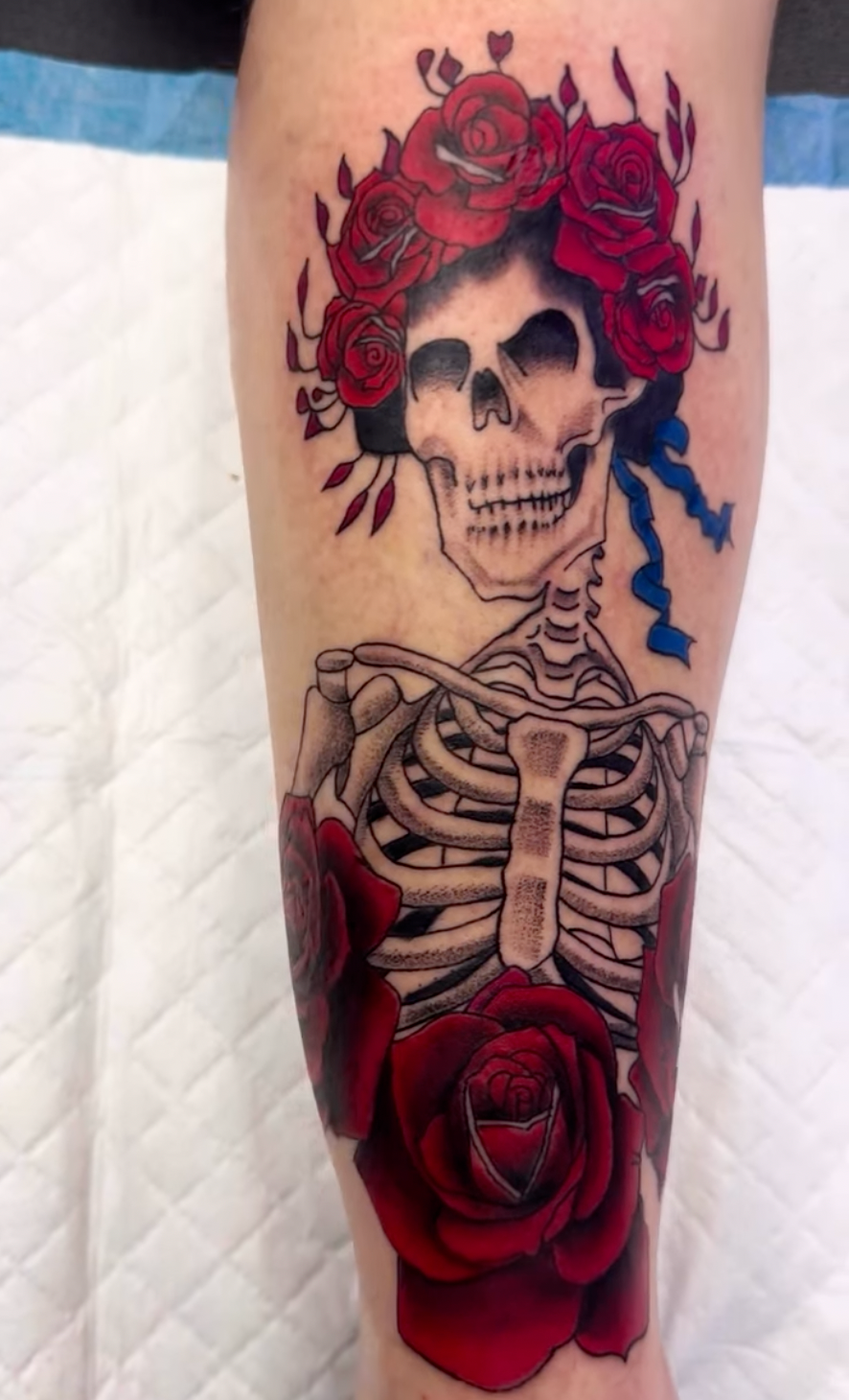 Grateful Dead tattoo | Dia De Los Muertos Tattoo | Skull Tattoo with Flowers | tattoos by rachel | body art by rachel | portland, OR |
