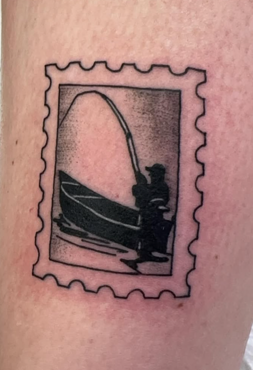 Stamp Tattoo | Fishing Tattoo | tattoos by rachel | body art by rachel | portland, OR | 