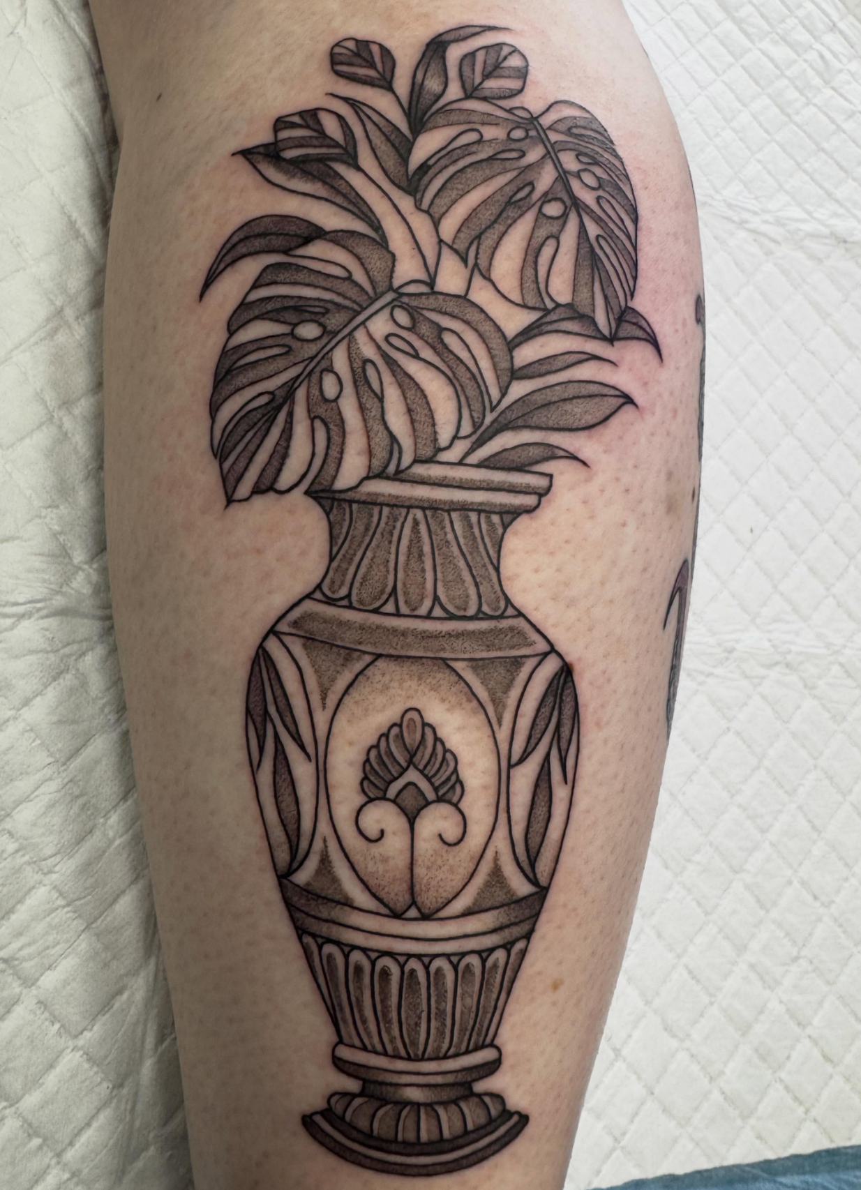 monstera plant tattoo | black and gray tattoo | stiple tattoo | stiple shading | tattoos by rachel | body art by rachel | portland, OR | Wilsonville, OR