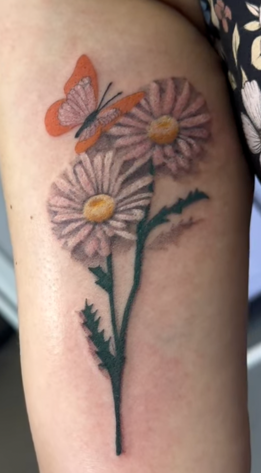 3D tattoo | butterfly and flower tattoo | tattoos by rachel | body art by rachel | portland, OR | Wilsonville, OR