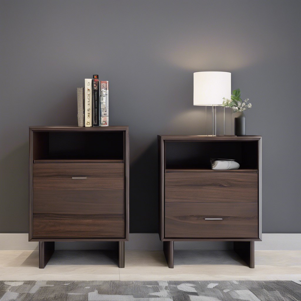 Two complementary solid Wenge nightstands with drawers and open shelving. No one makes it like these.