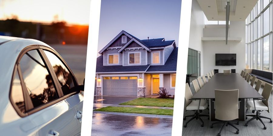 A tinted car , a house with windows tinted, and a conference room with tinted windows are shown in a collage.