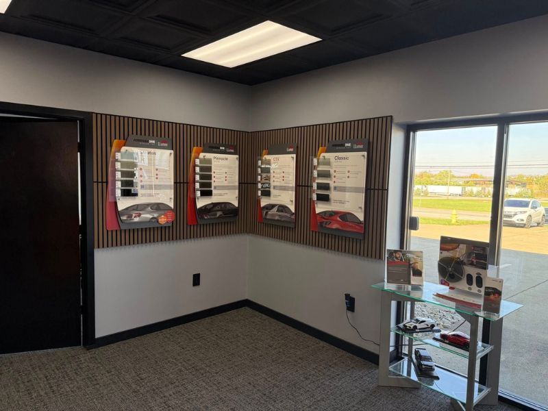 Window tint display showing different film shades and options available at Tint Guy.
