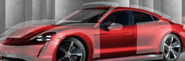 Red vehicle showing paint protection film coverage areas for PPF cost options