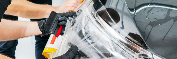 Professional paint protection film installation on a vehicle bumper