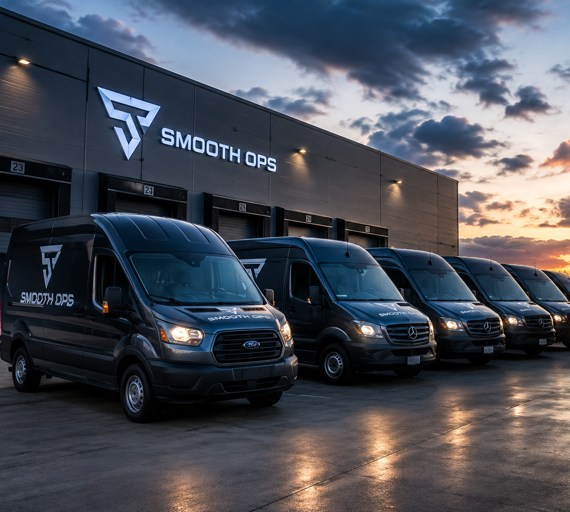 Fleet of black delivery vans lined up outside a warehouse at sunset