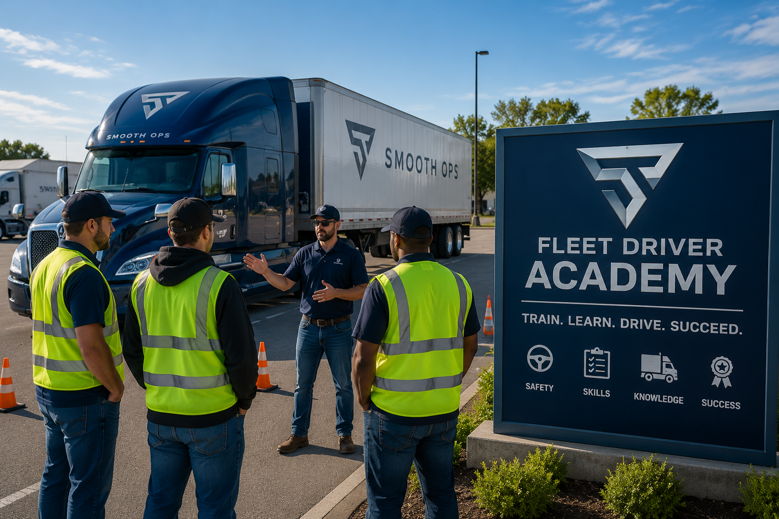 People in hi-vis vests gather beside a truck at a Fleet Driver Academy sign.