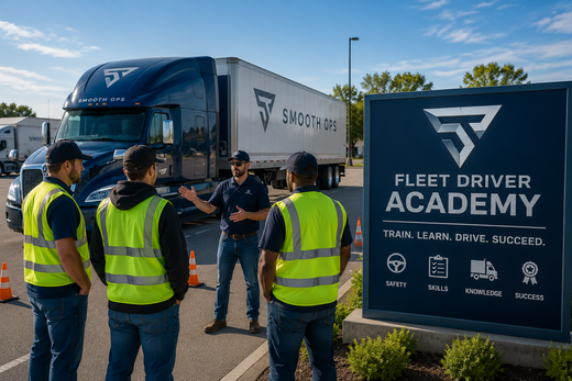 Trucker Fleet Driver Academy sign beside a parked blue and white truck with people in safety vests talking