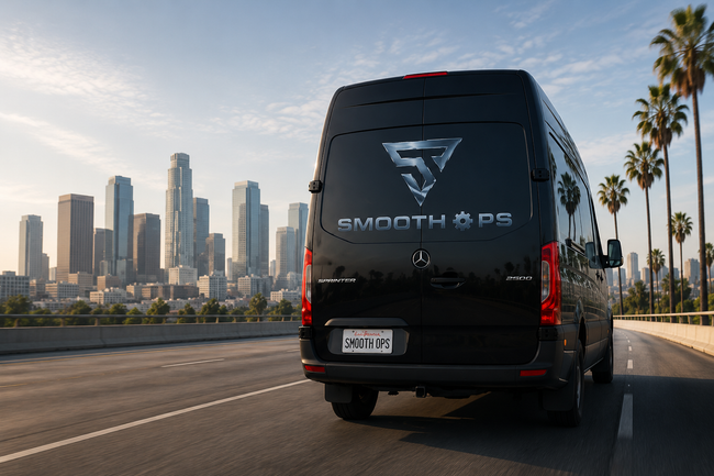 Black van with “Smooth R9” logo driving on a highway beside a city skyline at sunset