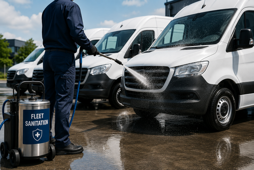 Person cleaning white vans in a wet fleet yard with a blue sanitation bin