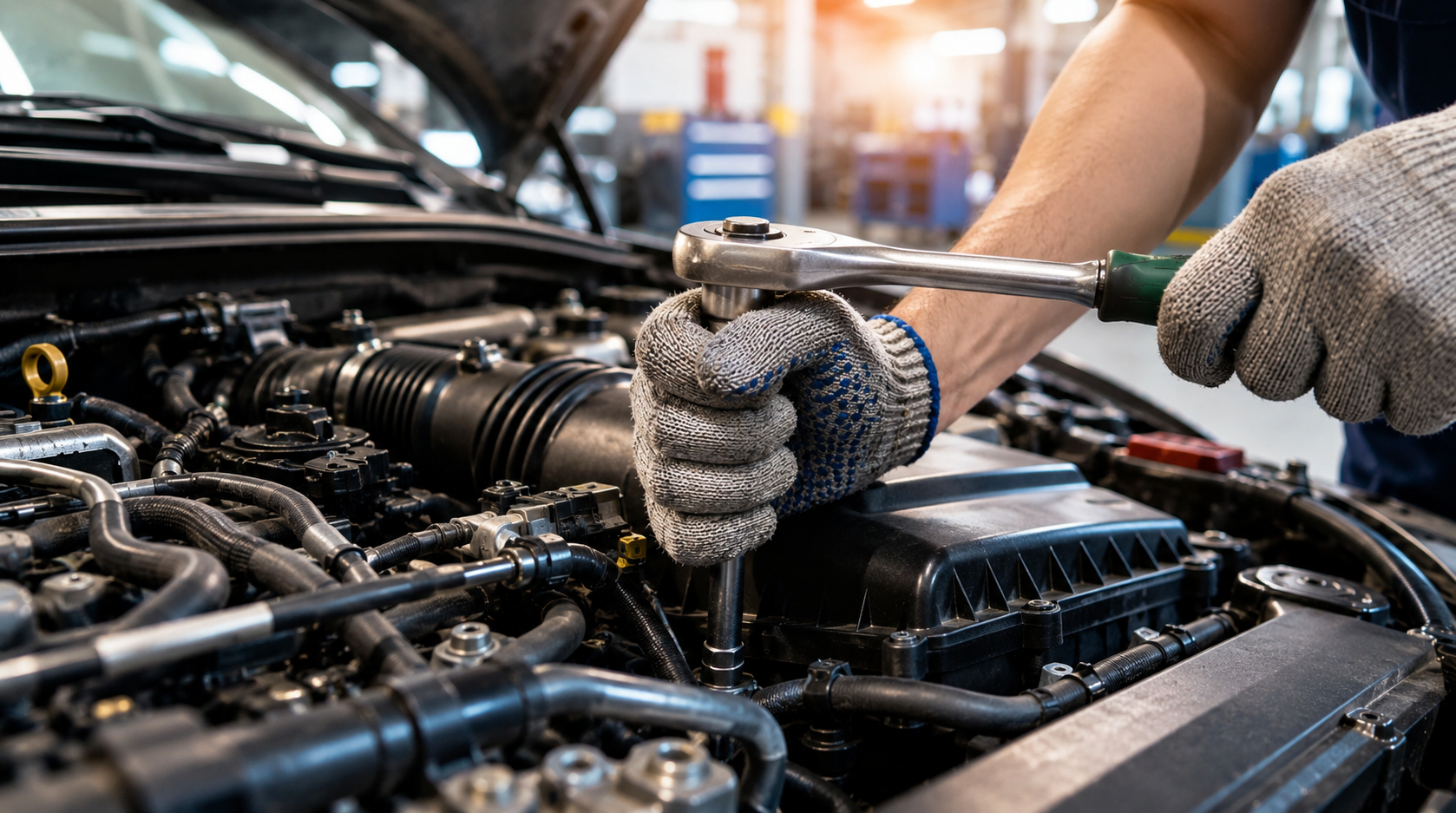 Mechanic tightening a bolt in an open car engine bay with a wrench
