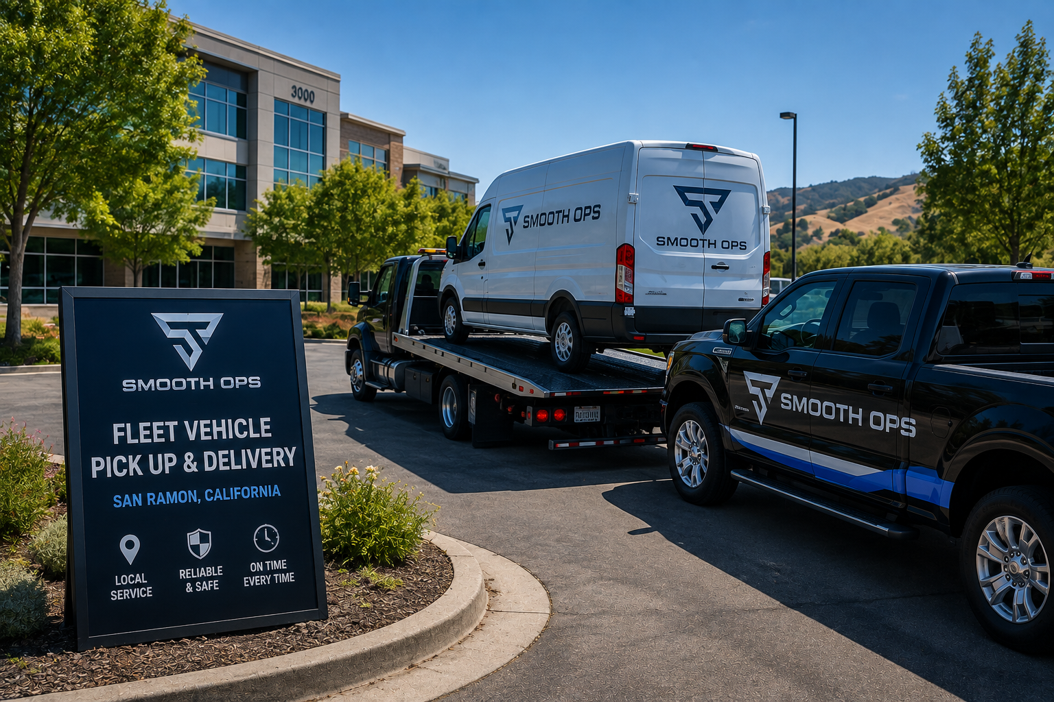 Swift Transportation fleet vehicle pick-up and delivery sign beside a flatbed truck and black pickup in an office lot