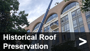 Roofing Shingles — Residential Roof in Savannah, GA Historic building roof under preservation with crane and workers above trees
