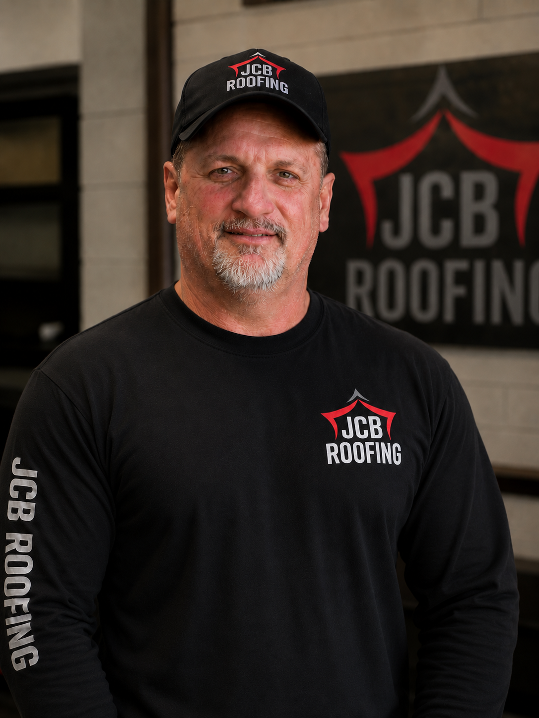 Man wearing a navy cap and black t-shirt with 