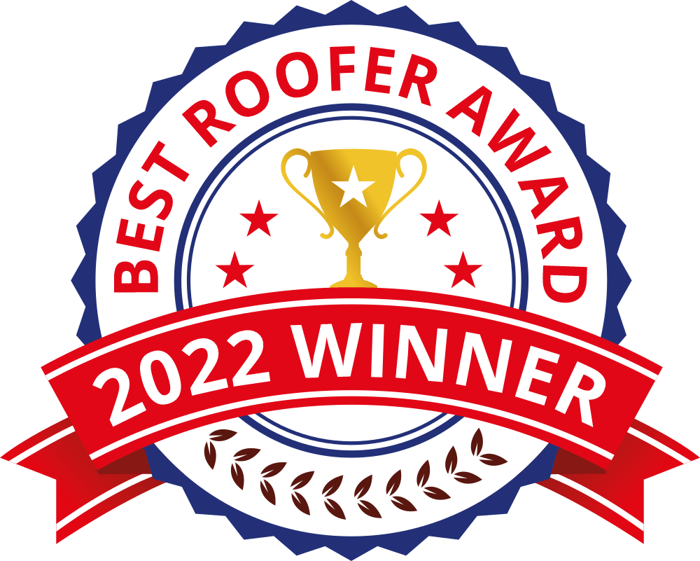 Best Roofer Award badge, 2022 Winner. Blue and red seal with a golden trophy and stars.