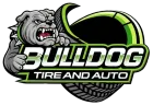 Bulldog Tire and Auto logo with snarling gray bulldog and green tire graphic