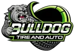 Bulldog Tire and Auto logo with snarling gray bulldog and green tire graphic