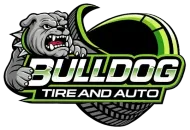 Bulldog Tire and Auto logo with snarling gray bulldog and green tire graphic