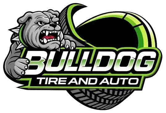 Bulldog Tire and Auto logo with snarling gray bulldog and green tire graphic