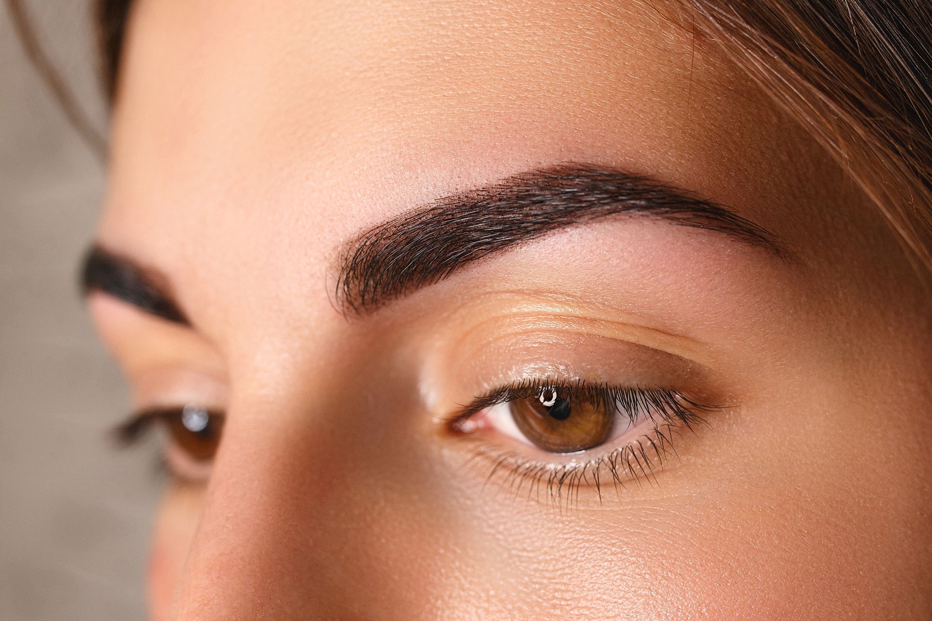 Close-up of a person's eye and eyebrow; dark, defined eyebrow over a light-colored eyelid.