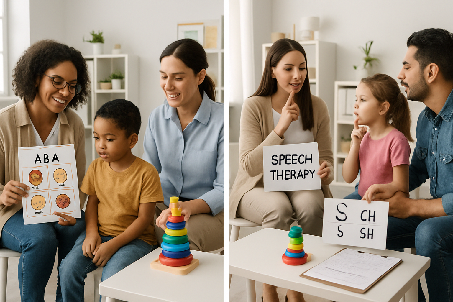 Two speech therapists working with children, using visual aids.