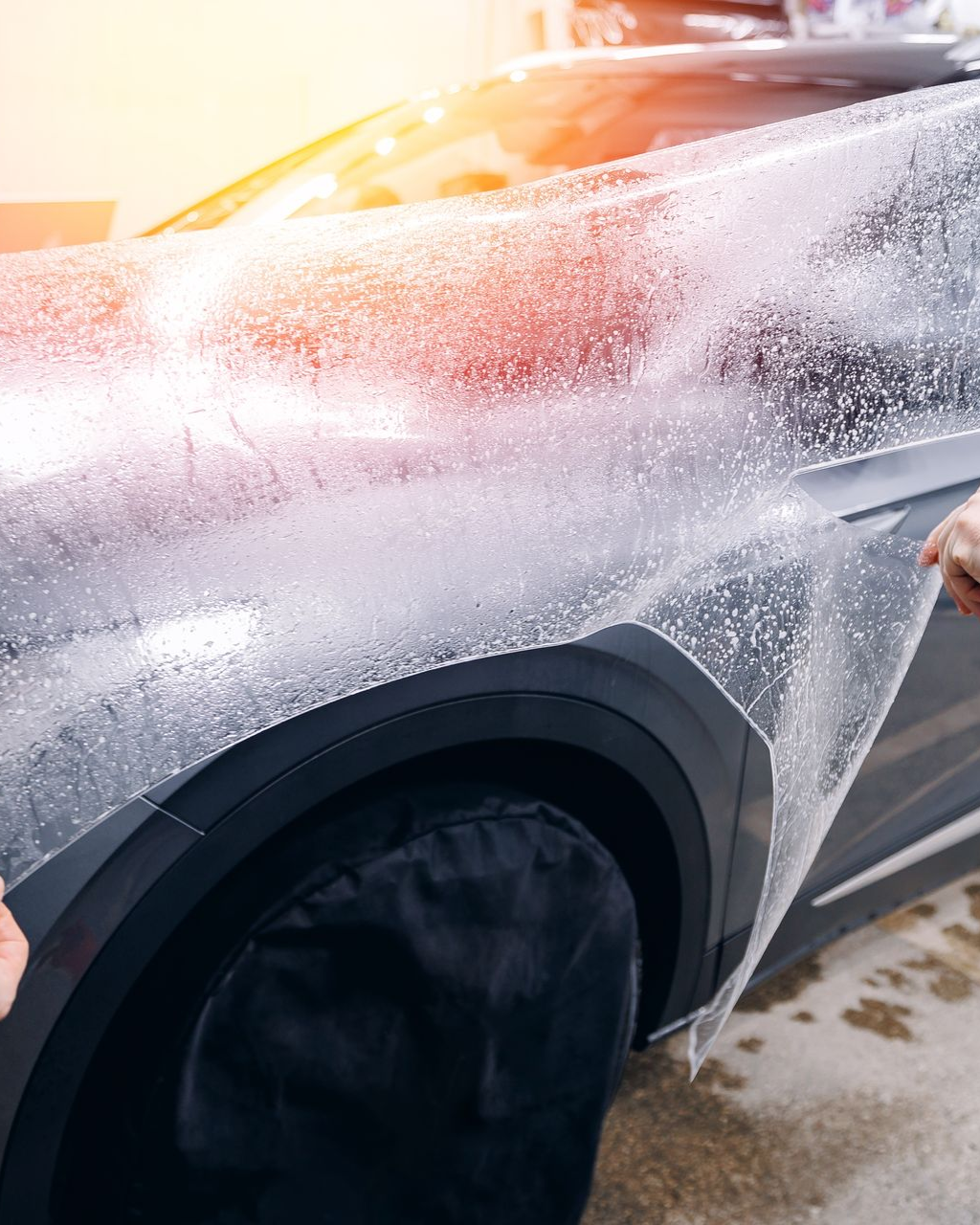 Applying clear protective film to a black car's fender.