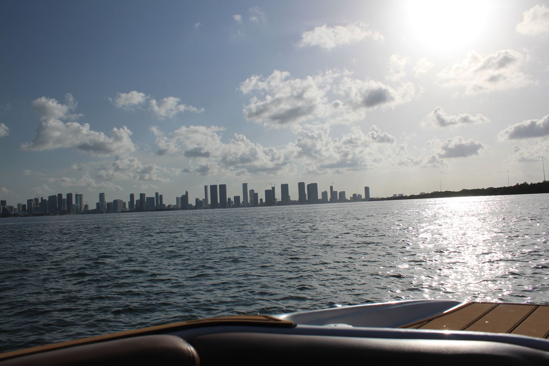 Miami skyline viewed from a private boat cruise across Biscayne Bay