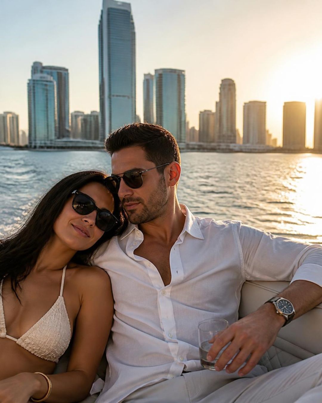 Couple enjoying a private boat cruise in Miami with the skyline at sunset
