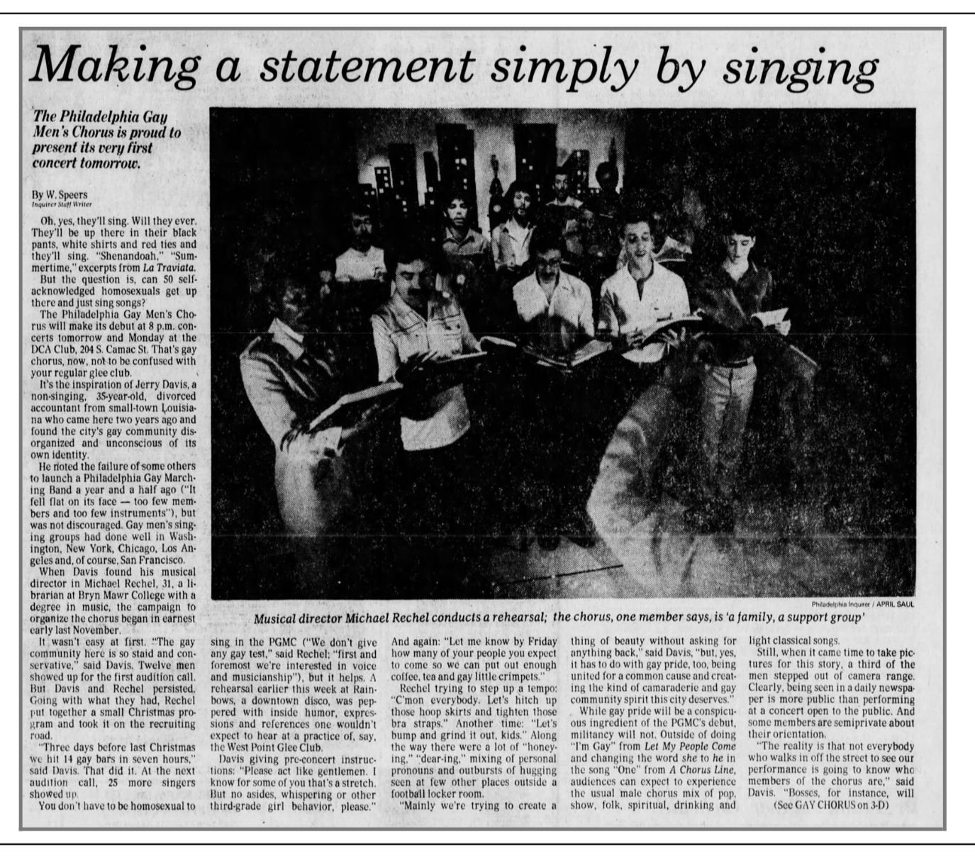 A scanned photo of a 1982 Philadelphia Inquirer coveringthe debut performance of the Philadelphia Gay Men's Chorus.