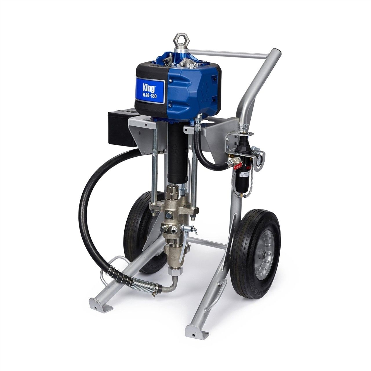 A blue and black airless paint sprayer with wheels A blue and black airless paint sprayer with wheels