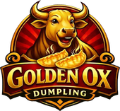 Golden Ox Dumpling logo with a smiling ox, two dumplings, and gold lettering on a red badge