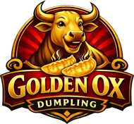 Golden Ox Dumpling logo with a smiling ox, two dumplings, and gold lettering on a red badge