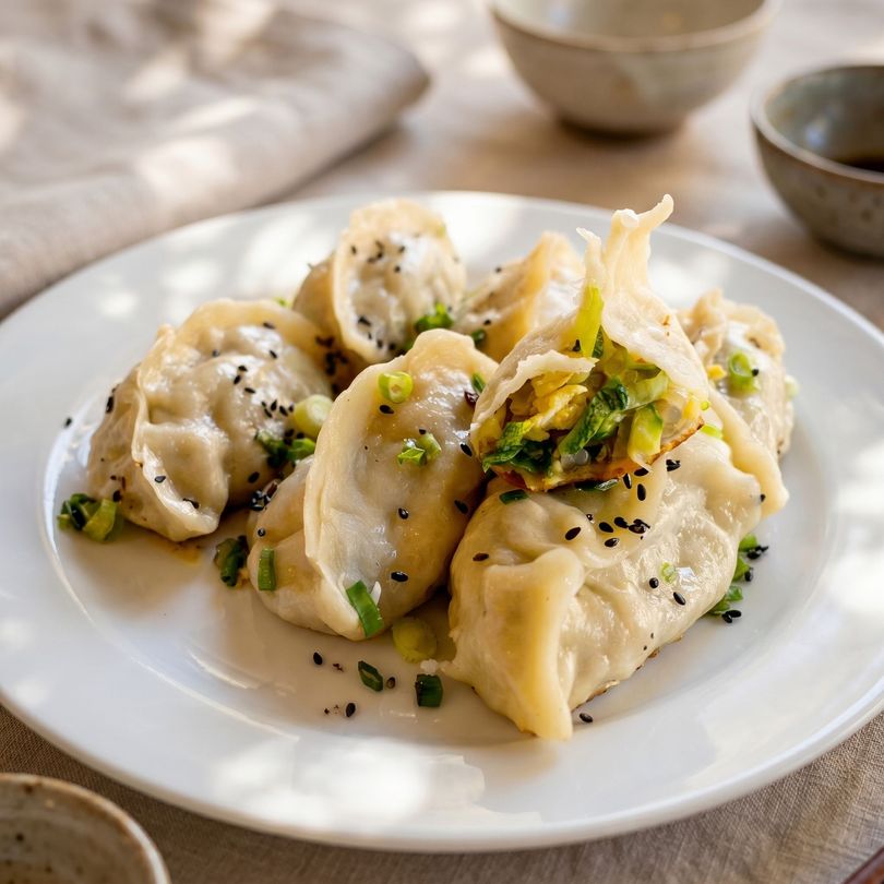 Plate of dumplings topped with black pepper and herbs on a beige tablecloth
