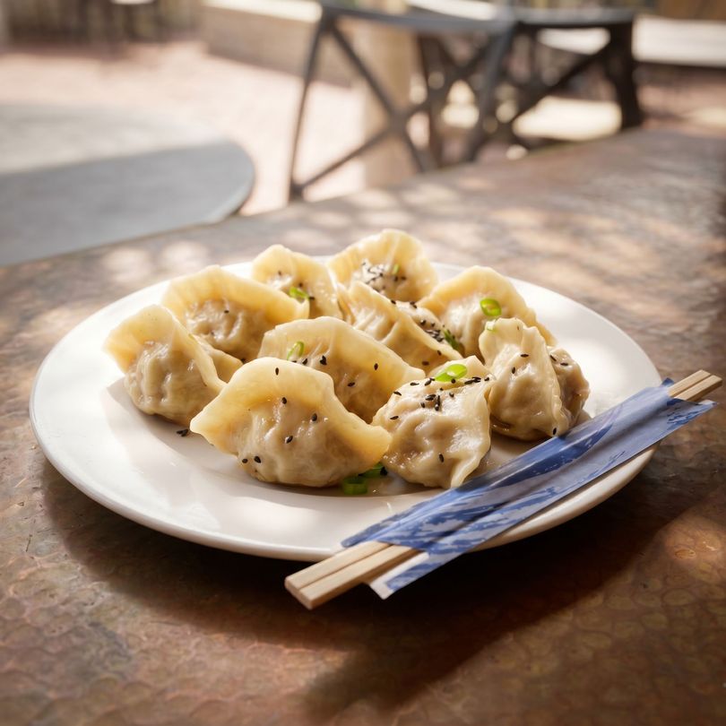 Plate of steamed dumplings with chopsticks on a sunlit outdoor table